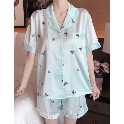 Elegant Butterfly Literary Aesthetics Women Pajamas Summer New Home Sleepwear Light Blue Fresh Short Sleeve Shorts Set