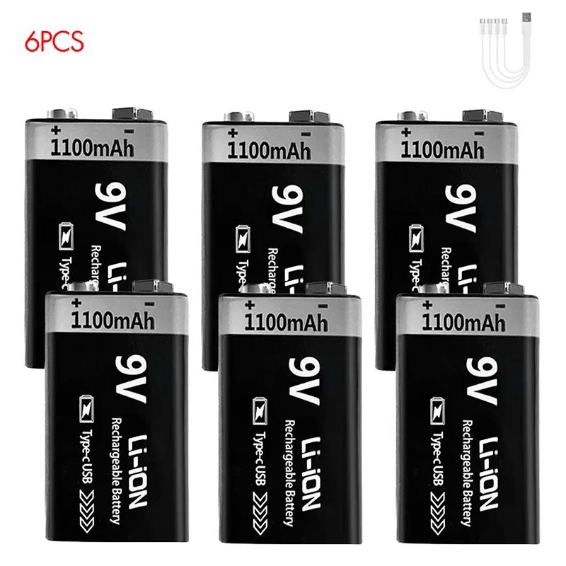9V Battery Rechargeable 1100mAh USB Type-C 6F22 9V Li-ion Battery for Multimeter, RC Toys, Guitar Pedal, Microphone