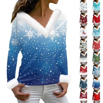 Women's Fashion Casual Long Sleeve V-Neck Christmas Printed Plush Top