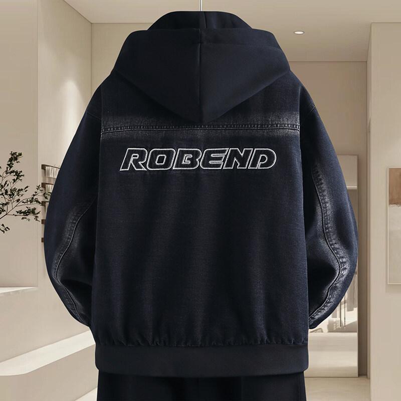 Spring New Denim Jacket for Men Loose Hooded Embroidery Fake Two-piece Teenager Handsome Jacket