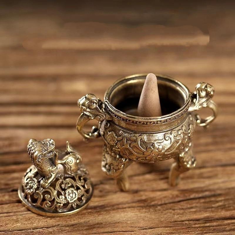 Kirin Feng Shui Incense Burner Ornament Pure Copper Statue Figurine Wealth Brass Decor Chinese Pi Ornament