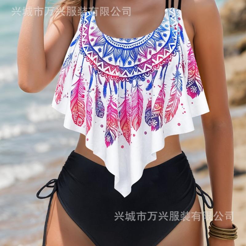 

Sexy Three-point Women s Tankini Swimsuit Boho Feather Print Flounce Top with High-Waisted Bottoms S