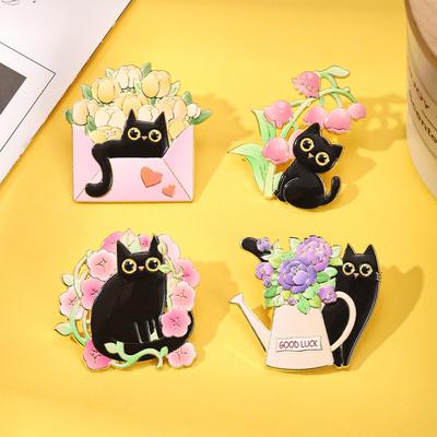 Außenhandel neue Pflanze Blume Katze Brosche Klein Frisch und Niedlich Tier Topfpflanze Schwarze Katze Metallabzeichen Kleines Geschenk