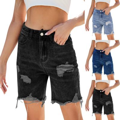Women's Fashionable Solid Color Pocket With Holes, Frayed Edges, Tassel Five Quarter Shorts