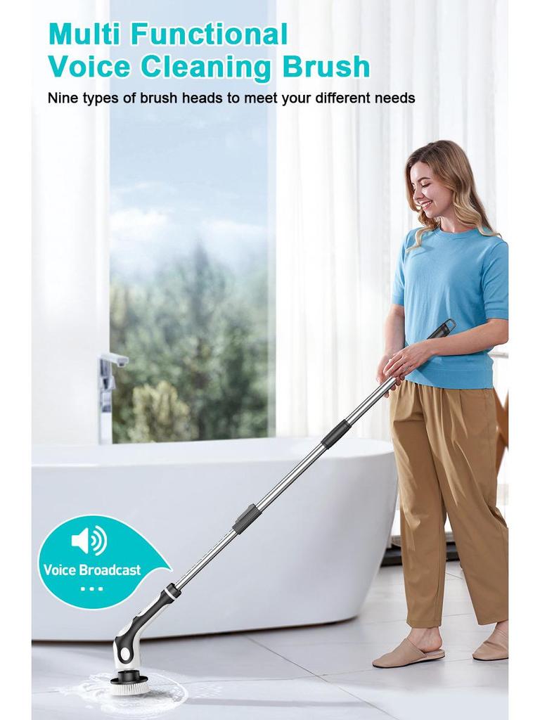 Multifunctional Wireless Electric Cleaning Brush with Digital Display, Voice Prompts, Long Handle, and IPX6 Waterproof.