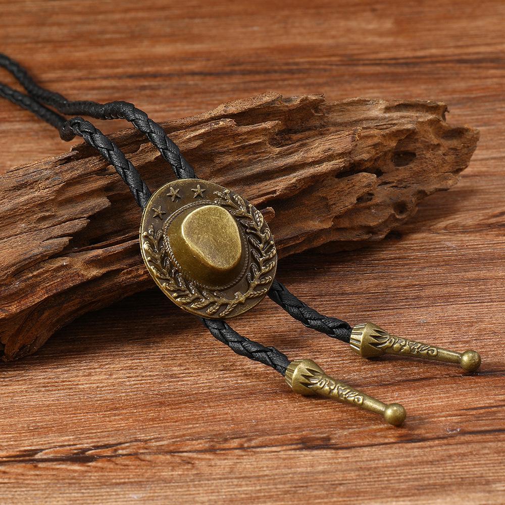 Vintage Cowboy Hat Rice Ears Pentagram Necklace for Men Women Bohemian Style Couples PU Leather Rope Pendant