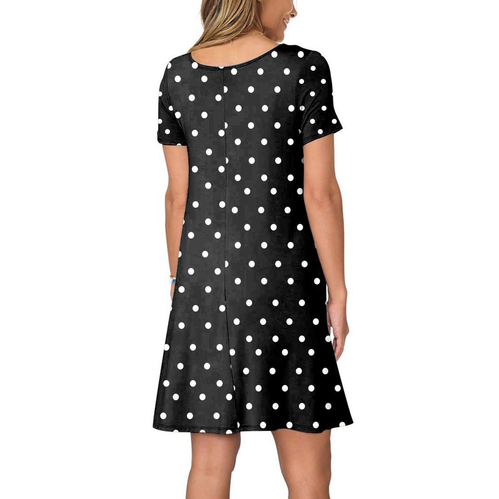 Women Summer Short Sleeve Flower Printed Pockets Sundress Casual Swing Dress