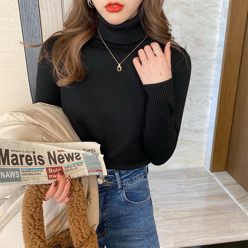 Fleece Sweater Women's Autumn and Winter Integrated Fleece Thickened Knitted Bottoming Shirt Turtleneck Pullover with Large Size Thermal Top Inside