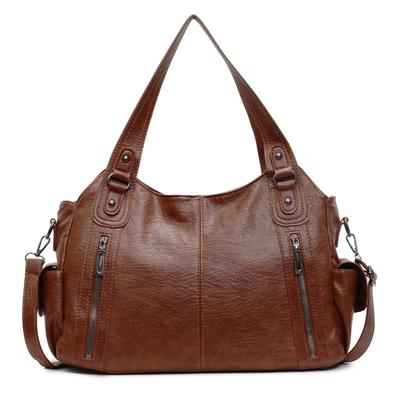 Soft Leather Handbag Vintage Solid Color Shoulder Bag Women Large Capacity Commuter Tote Bag