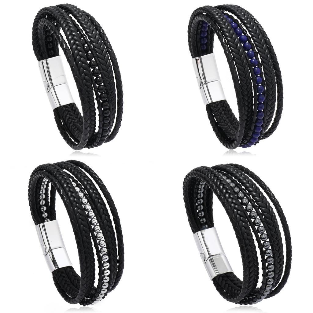 Beaded Natural Handmade Stone Magnetic Clasp Bracelet Vintage Punk Men Jewelry