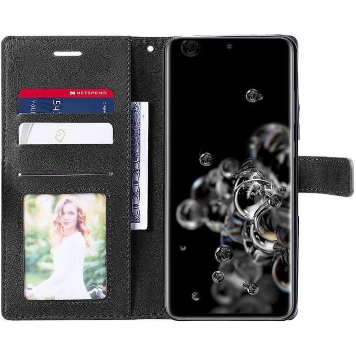 Coque à rabat pour samsung s20 ultra - coque synthécuir elegant noir-marron + 2 verres trempés