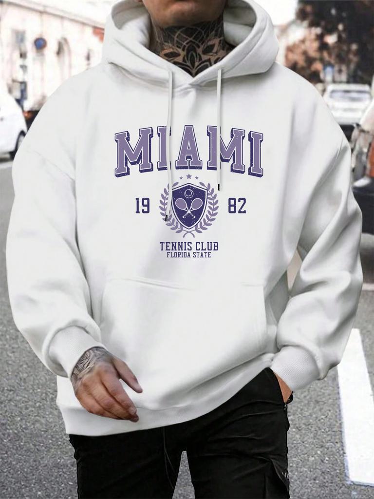 Miami 1982 Letter Print Pullover Men'S Fashion Quality Hooded Warm Casual Hoody Man Simple Loose Tops