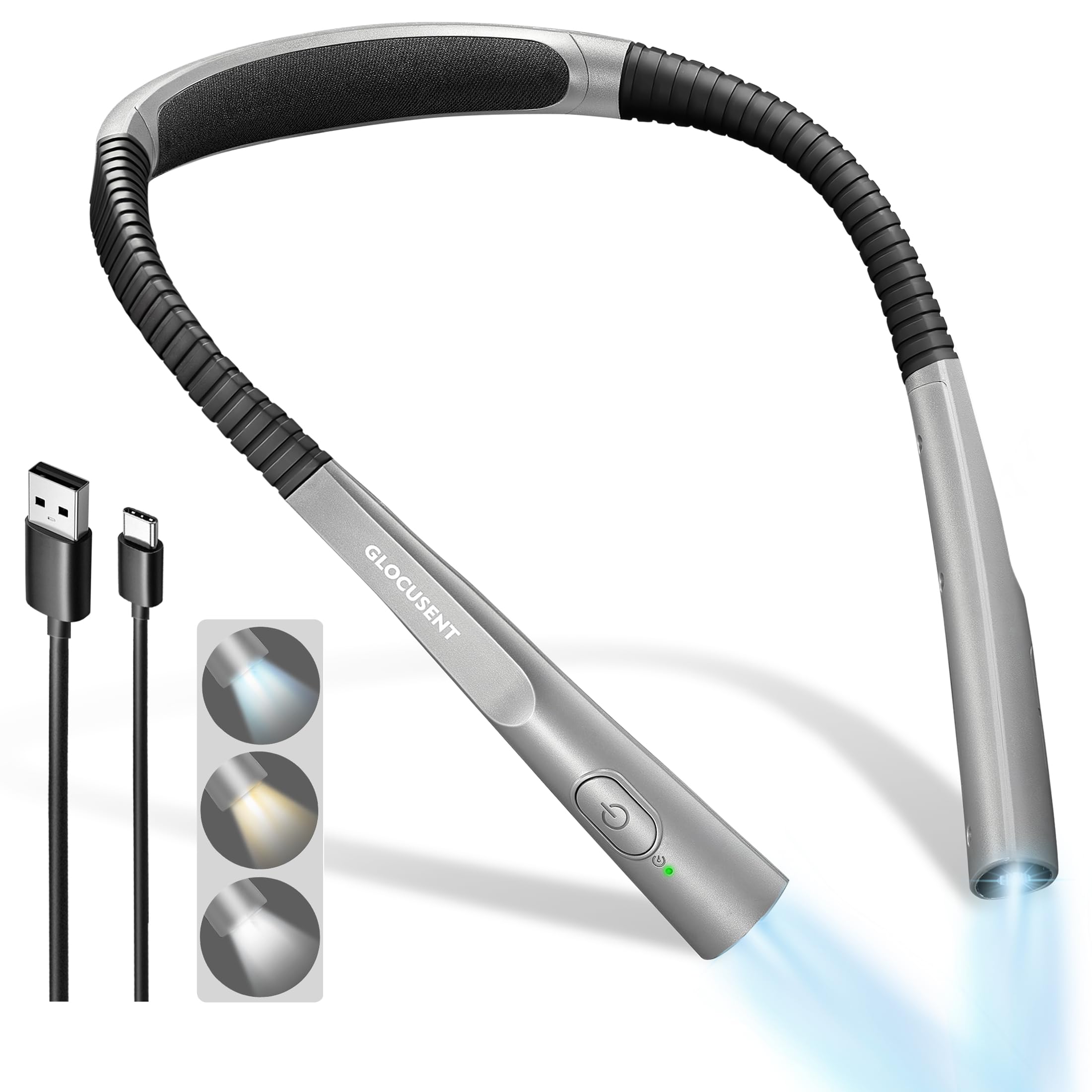 

Glocusent LED Neck Reading Light for Reading in Bed Amber 3 Colors Adjustable Brightness Rechargeable Long Lasting Ideal for