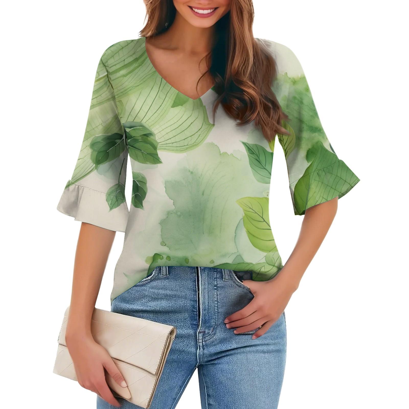 

Женская повседневная модная футболка с V-образным вырезом, свободная, для поездок на работу, с цветочным принтом и рукавами-пятью точками XL