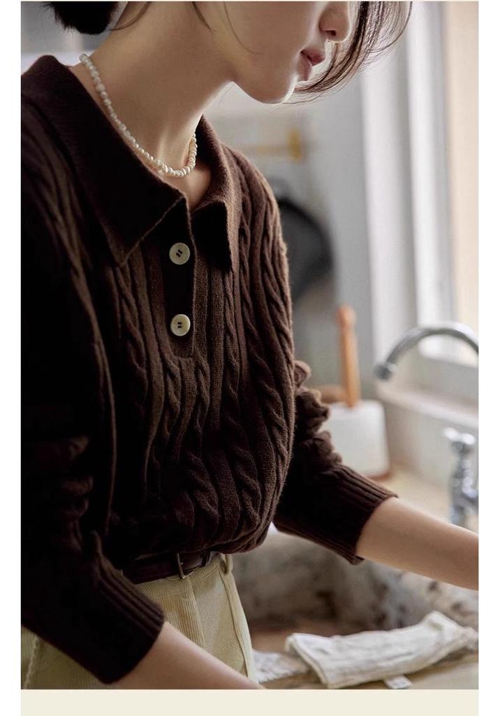 Autumn/Winter POLO Collar Cable Knit Wool Pullover Sweater, Long Sleeve and Loose Fit.