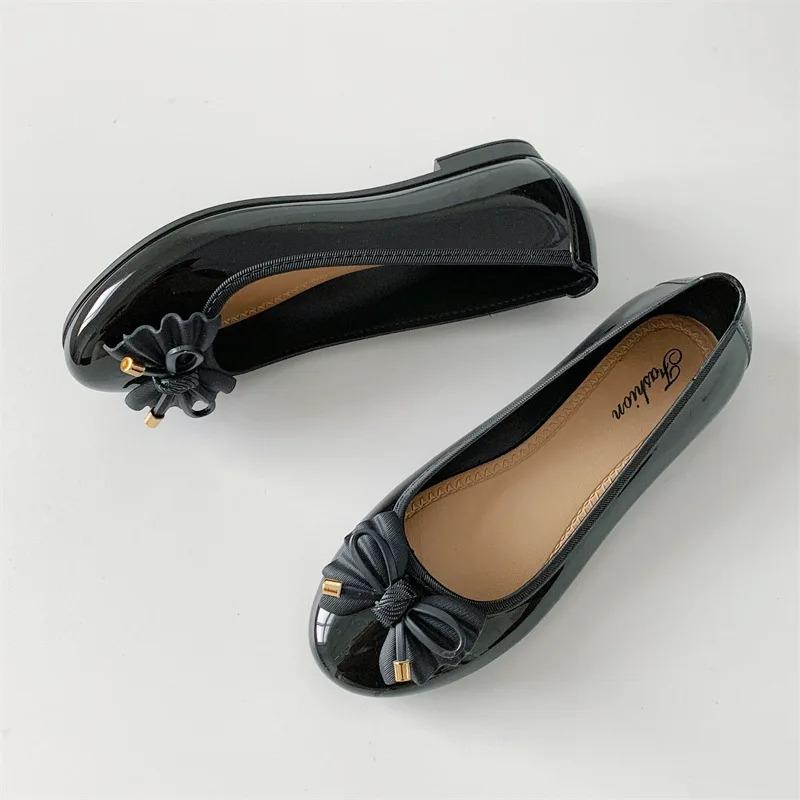 Scarpe da Ballo Basse da Donna Scarpe Casual Retro Fiocco Pelle Verniciata Slip-on Piatte Punta Tonda Bocca Bassa Mocassino Mujer Zapatos