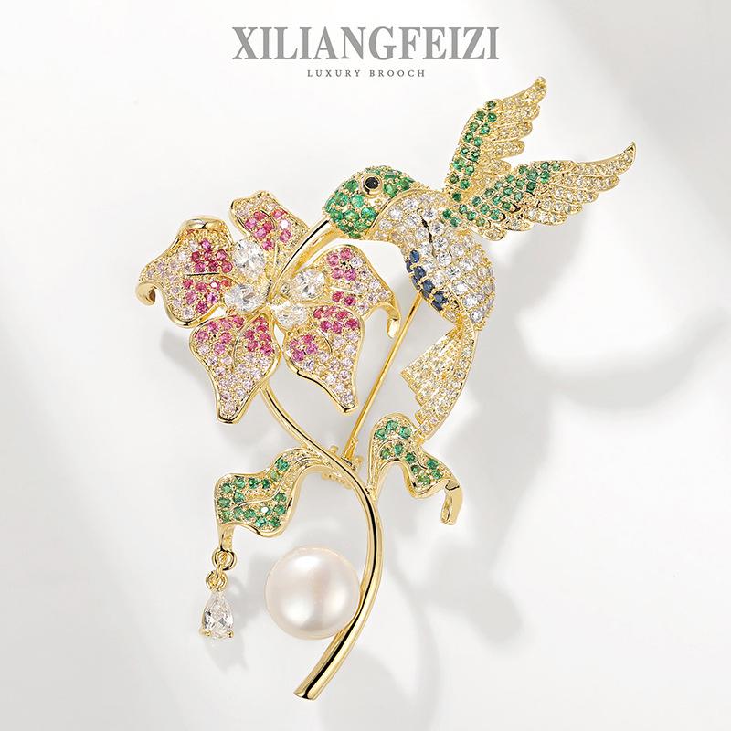 Bo Xin Yun Bird Brooch with Zircon, Freshwater Pearl, Agate, and Flower Design
