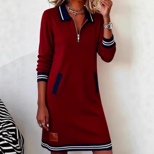 Spring Autumn Turn-Down Collar Holiday Dress Women Patchwork Long Sleeve Chic Dress Casual Zipper Fashion Ladies Dress
