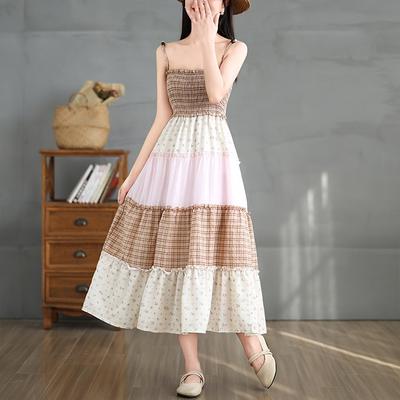 2025 Summer New Print Vacation Suspender Dress Women's Loose Age Reduction Fashion Temperament Medium and Long Skirt