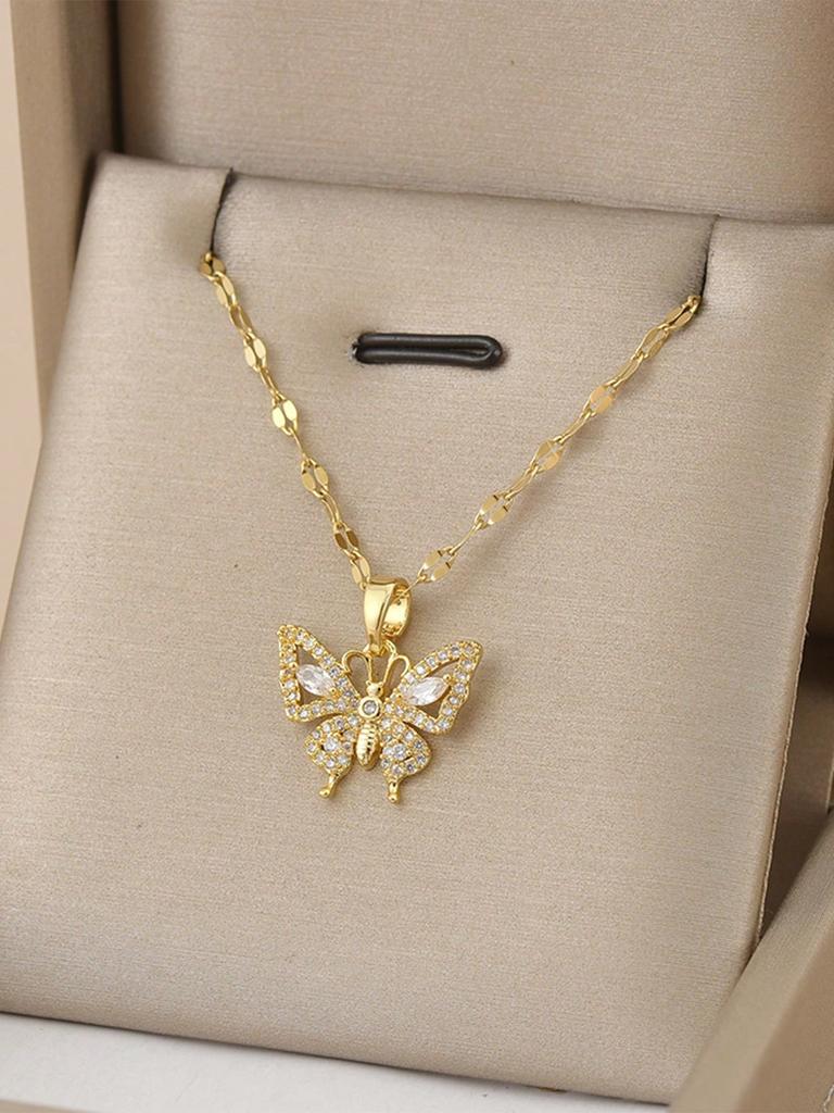 Stainless Steel Bird & Rhinestone Decor Necklace For Women, Holiday Gift