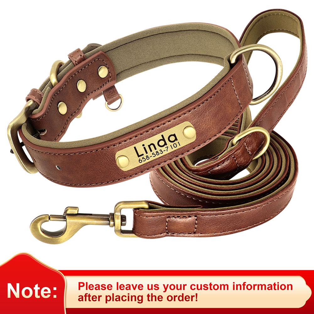 Personalized Dog Collar Leash PU Leather Dogs Collars Pet Rope Engraved Pet ID Name Necklace for Small Large Dogs Soft Padded