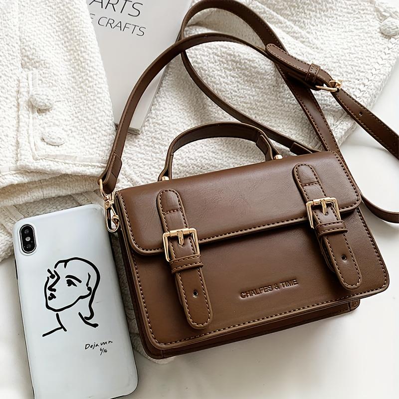 

Preppy Solid Color Shoulder Square Bag, Buckles Decor Flap Crossbody Bag, Brown Wallet Back To School