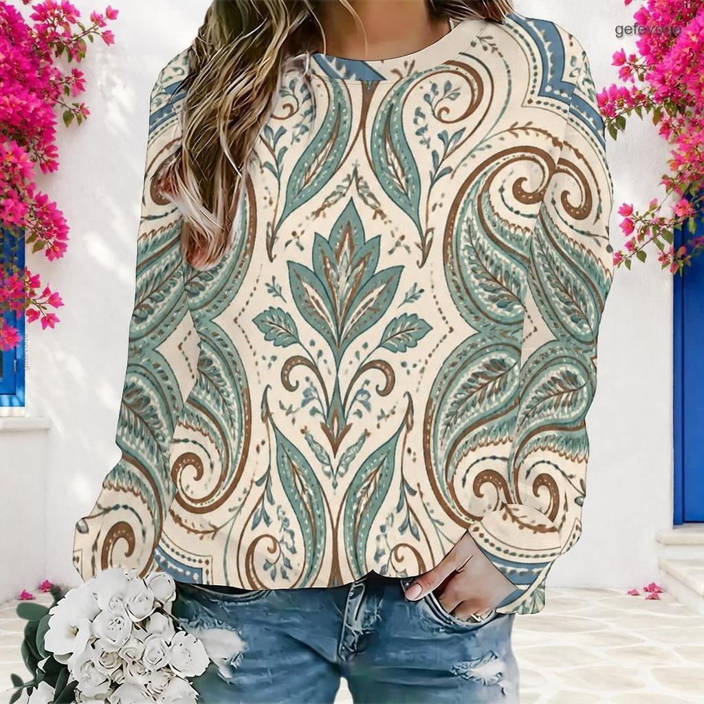 Women Plus Size Teal Floral Printed Round Neck Long Sleeve Pullover Sweatshirt