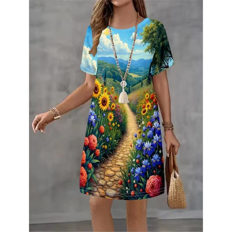 Summer Ladies 3D Printed Short Sleeve Dress Fashion Versatile Breathable Trend Casual S