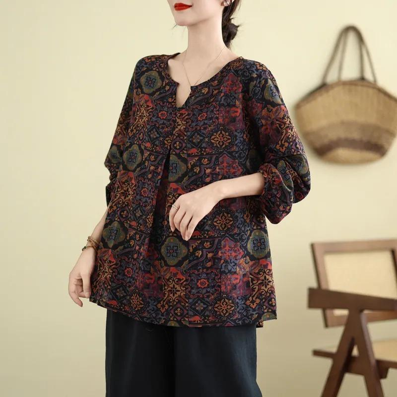 

Ethnic Style Retro Printed Cotton and Linen Long-sleeved Middle-aged and Elderly Large Size Women s Loose Tops Shirts 2XL