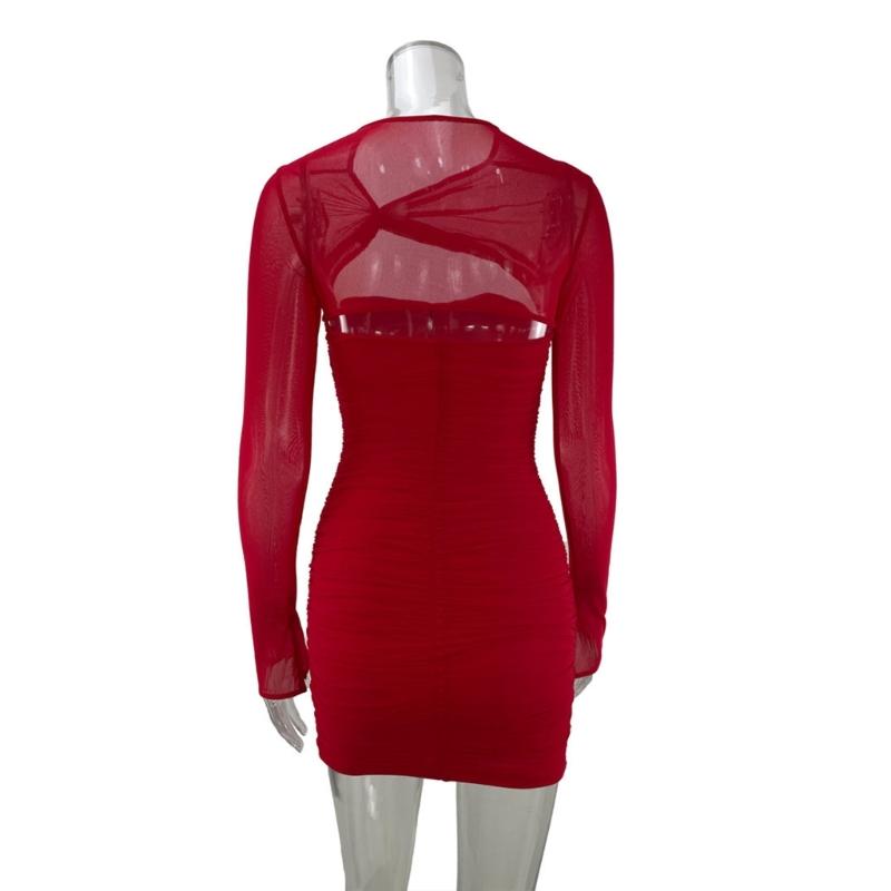 Women Mesh Long Sleeve Sexy Cut Out Bodycon Ruched Short Dress Twisted Knot Front Solid Color Nightclub Party Dresses