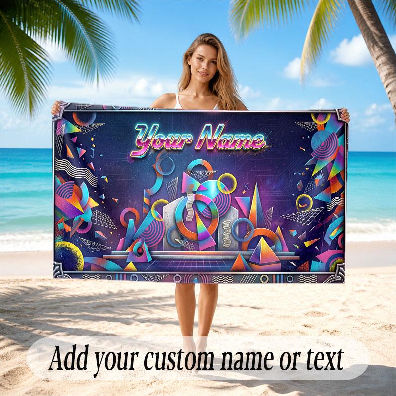 Abstract Geometric Theme Soft Beach Towel Personalized Custom Name Text Towel Portable for Beach Pool Travel
