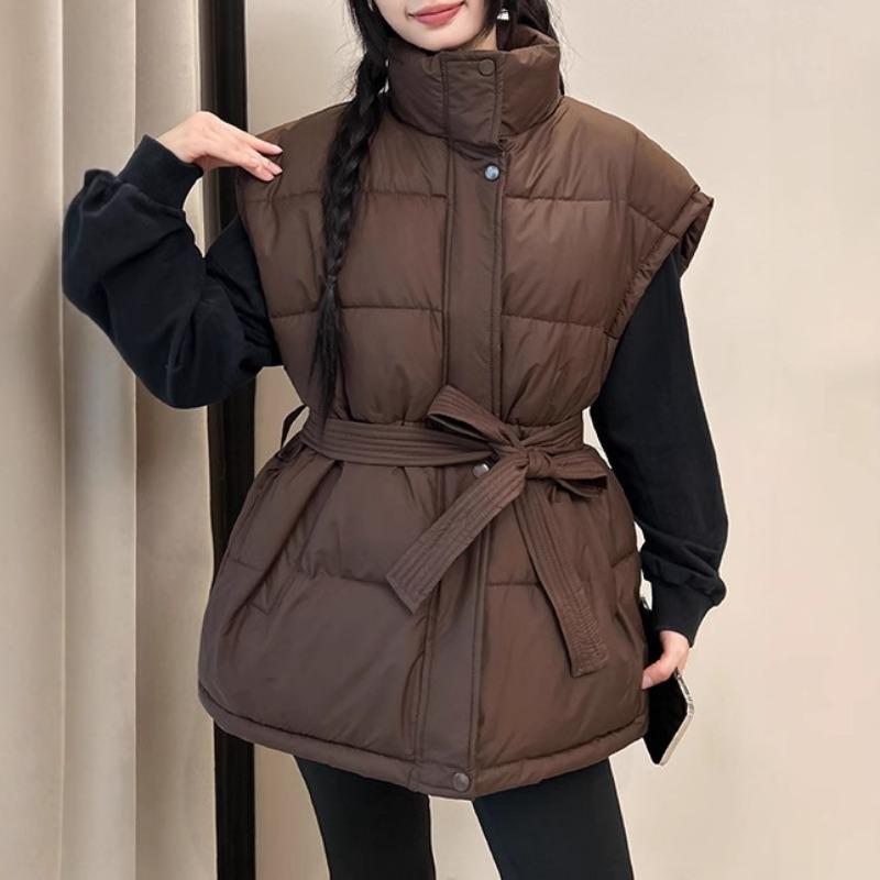 Lace-up Waist Cotton Jacket Vest Vest Women's Autumn and Winter New Stand-up Collar Loose Thickened Coat