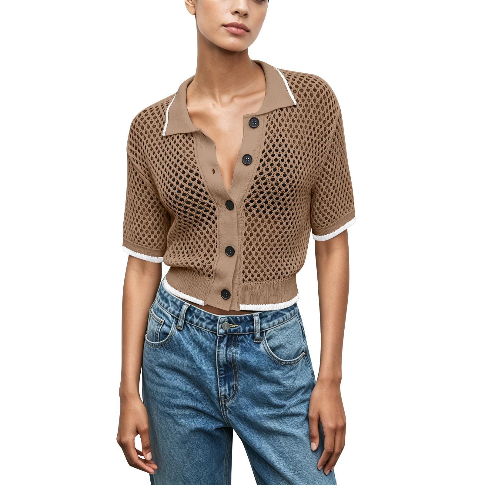 

Women’s Crochet Short-Sleeve Knit Cardigan With Notched Lapels XL коричневий
