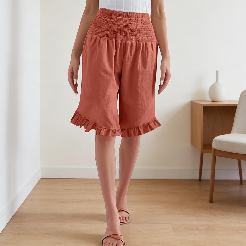 Damen Farbige Hohe Taille Plissierte Baumwolle Leinen Lockere Freizeitshorts