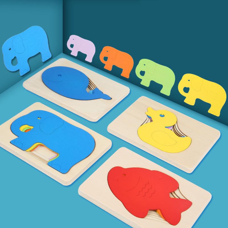 Montessori Panel Animal Puzzle Toy Wooden 3D Multilayer Gradient Color Elephant Duck Puzzle Early Learning Color Cognitive Panel