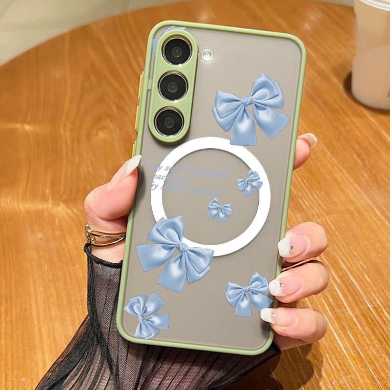 Bowknot Pattern Clear Magnetic Case For Samsung S25 S24 FE S23 Ultra S22 A56 A36 A15 A55 A35 Wireless Charge Shockproof Slim Matte Hone Cover