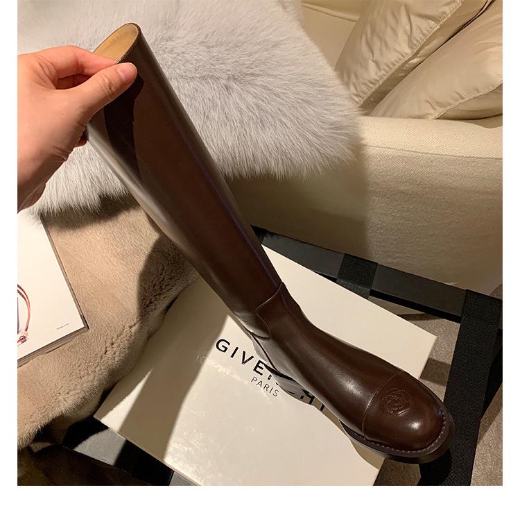 Bottes d'équitation hautes jusqu'au genou en cuir véritable pour femme, bout rond, avec broderie camélia en cuir de vachette