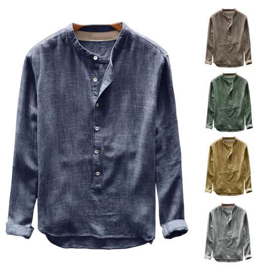 Men Shirt Stand Collar Solid Color Soft Single-breasted Buttons Breathable Long Sleeves Plus Size Casual Wear-resistant Men Tops for Daily Wear