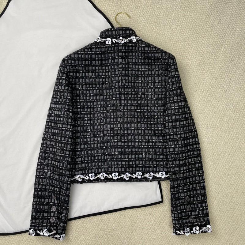 Womens 2026 Silk-Lined Short Stand Collar Jacket With Black White Sequin Trim Contrast Panel Detail