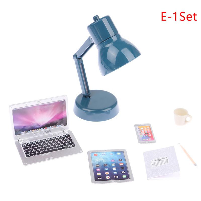 1:12 Dollhouse Miniature Laptop Phone Tablet Desk Lamp Book Desk Set Decor Toy