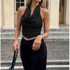 Damen Sommer Halter Neck Schalkragen Streifen Ärmellos Schlank Geschnitten Cropped Lässiges Tanktop