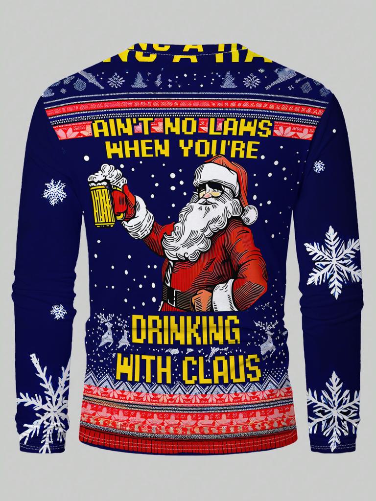 Men's Christmas-themed printed long-sleeved T-shirt, stylish and casual crew neck undershirt, suitable for holiday parties.