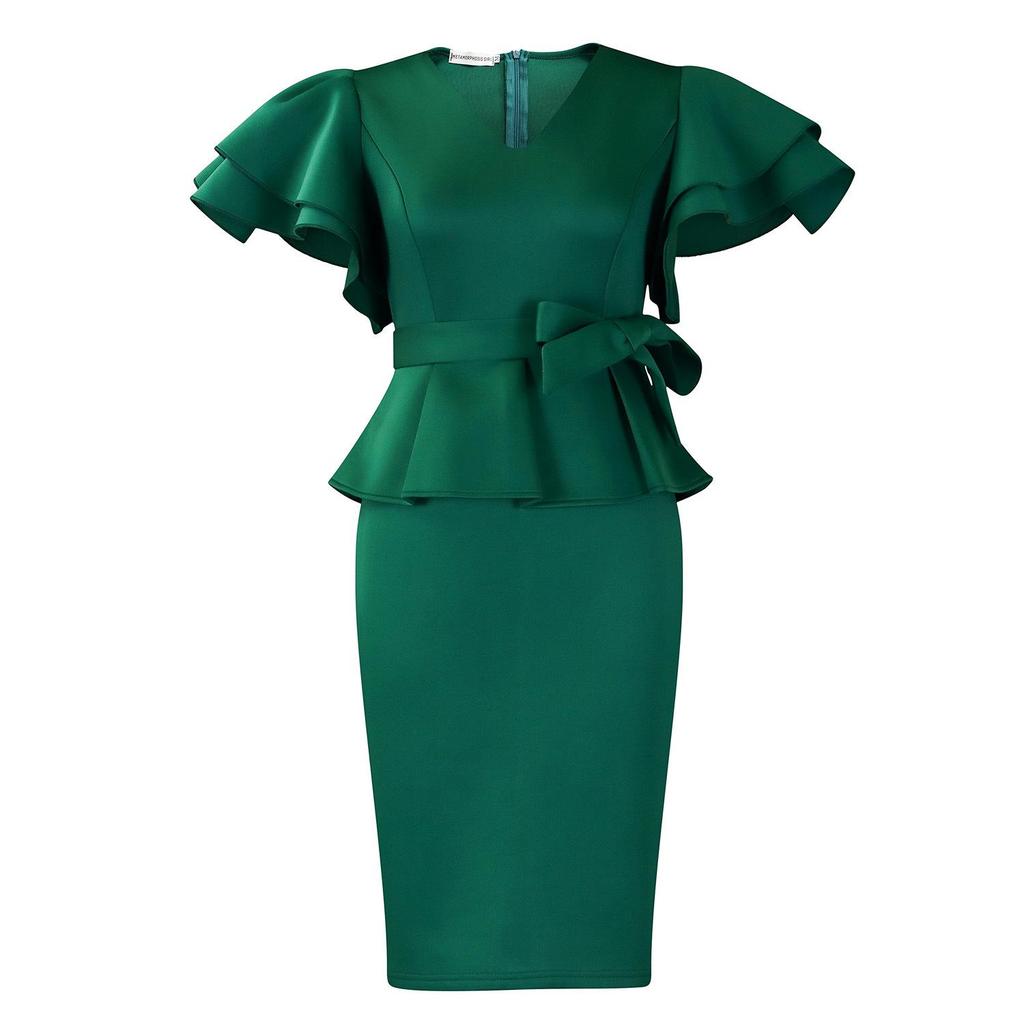 Elegant Ruffle Solid Color Party Dress - African Style