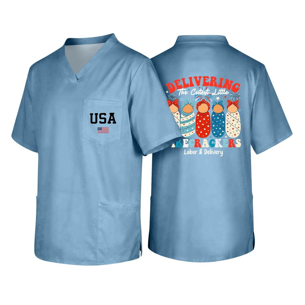 Men's Short Sleeve V Neck Work Shirt Nurse Uniform Top with Pocket USA Print Casual Fit Medical Scrub Tee for Healthcare Professionals