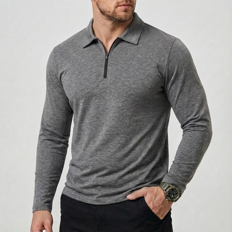 Men Turn Down Collar Half Zip Long Sleeve Polo Shirt Slim Fit Solid Casual Business Tops