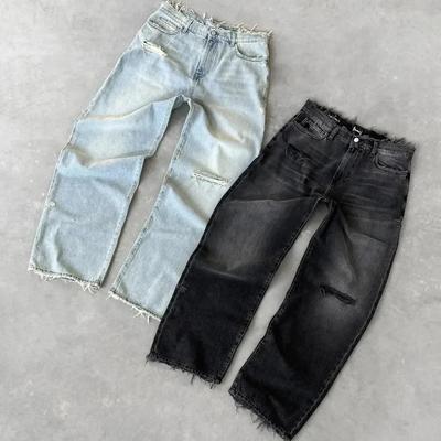 Rechte Jeans Verweerd Heren Jeans Gescheurd Gewassen Denim Broek Enkellengte Los Effen Ritssluiting Zakken Casual