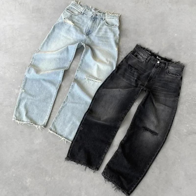 Straight Jeans Distressed Men Jean Ripped Washed Denim Pants Ankle Length Loose Solid Zipper Pockets Casual