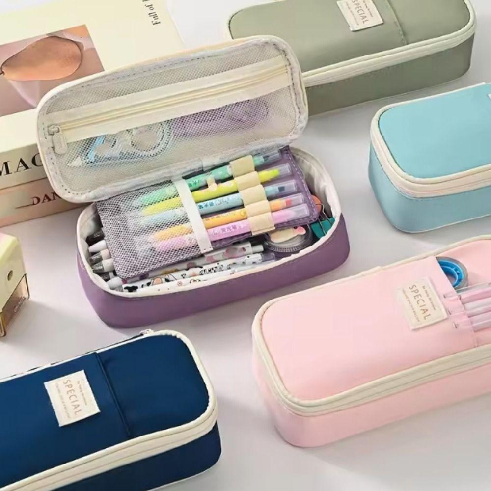 Double Zip Kawaii Pencil Cases Macaroon Expandable Pencil Case Office Supplies