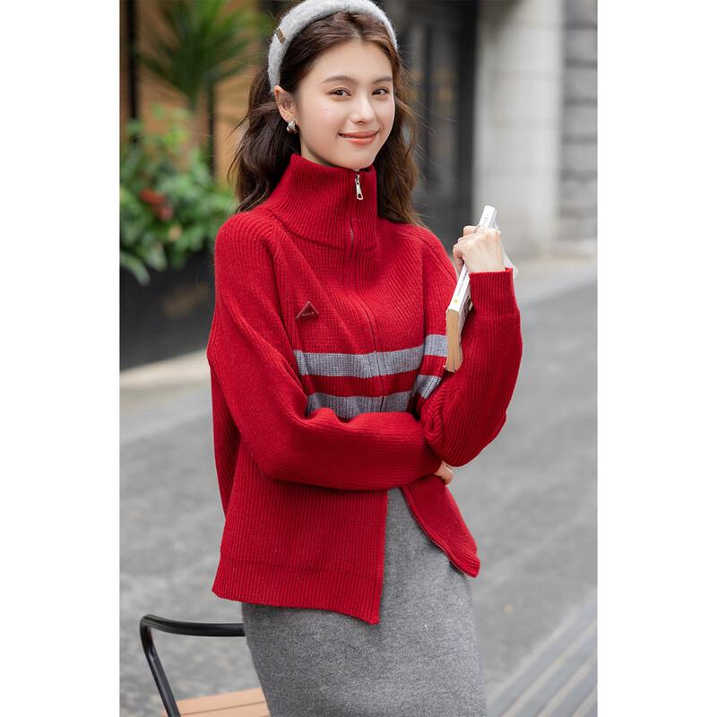 ITISF4 Women's Loose Striped Double-Zip Knit Sweater