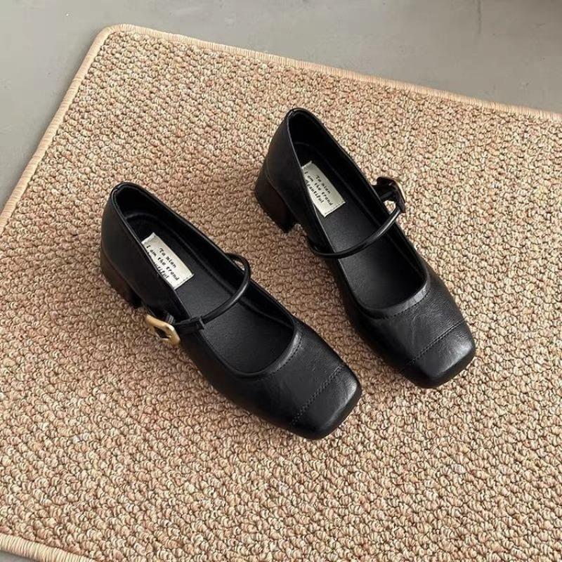 Retro Shallow Mouth Square Head Mary Jane Shoes Women's Autumn New Thick Middle Heel with Skirt Loafers